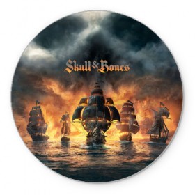 Коврик круглый с принтом Skull and Bones в Новосибирске, резина и полиэстер | круглая форма, изображение наносится на всю лицевую часть | игра | корабль | кости | море | огонь | пират | пламя | череп