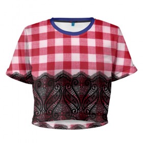 Женская футболка 3D укороченная с принтом Клетка и кружево в Новосибирске, 100% полиэстер | круглая горловина, длина футболки до линии талии, рукава с отворотами | 