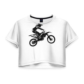 Женская футболка 3D укороченная с принтом Мотокросс в Новосибирске, 100% полиэстер | круглая горловина, длина футболки до линии талии, рукава с отворотами | motocross | motorcycle | motorcyclist | silhouette | speed | stencil | мотокросс | мотоцикл | мотоциклист | силуэт | скорость | трафарет