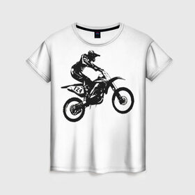 Женская футболка 3D с принтом Мотокросс в Новосибирске, 100% полиэфир ( синтетическое хлопкоподобное полотно) | прямой крой, круглый вырез горловины, длина до линии бедер | motocross | motorcycle | motorcyclist | silhouette | speed | stencil | мотокросс | мотоцикл | мотоциклист | силуэт | скорость | трафарет