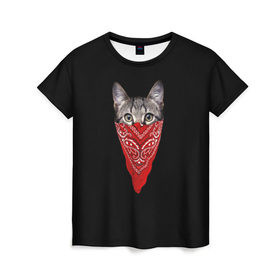 Женская футболка 3D с принтом Котомафия в Новосибирске, 100% полиэфир ( синтетическое хлопкоподобное полотно) | прямой крой, круглый вырез горловины, длина до линии бедер | бандана | гангстер | кот | котик | кошка | мафия