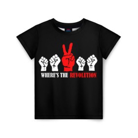Детская футболка 3D с принтом DM: Where`s the revolution? в Новосибирске, 100% гипоаллергенный полиэфир | прямой крой, круглый вырез горловины, длина до линии бедер, чуть спущенное плечо, ткань немного тянется | depeche mode