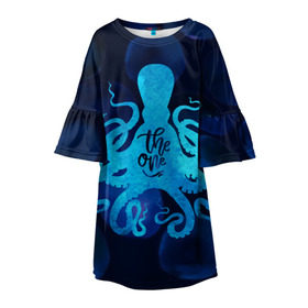 Детское платье 3D с принтом крутой осьминог в Новосибирске, 100% полиэстер | прямой силуэт, чуть расширенный к низу. Круглая горловина, на рукавах — воланы | Тематика изображения на принте: вода | море | океан | осьминог | подводный мир | рыбы