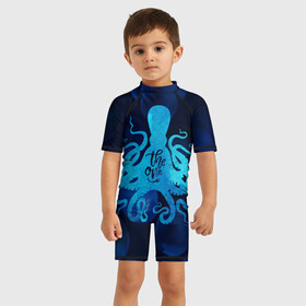 Детский купальный костюм 3D с принтом крутой осьминог в Новосибирске, Полиэстер 85%, Спандекс 15% | застежка на молнии на спине | вода | море | океан | осьминог | подводный мир | рыбы