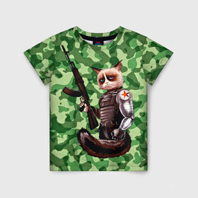Детская футболка 3D с принтом Воинственный кот в Новосибирске, 100% гипоаллергенный полиэфир | прямой крой, круглый вырез горловины, длина до линии бедер, чуть спущенное плечо, ткань немного тянется | армия | арт | воин | животные | камуфляж | оружие
