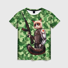 Женская футболка 3D с принтом Воинственный кот в Новосибирске, 100% полиэфир ( синтетическое хлопкоподобное полотно) | прямой крой, круглый вырез горловины, длина до линии бедер | армия | арт | воин | животные | камуфляж | оружие