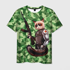 Мужская футболка 3D с принтом Воинственный кот в Новосибирске, 100% полиэфир | прямой крой, круглый вырез горловины, длина до линии бедер | армия | арт | воин | животные | камуфляж | оружие