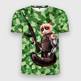 Мужская футболка 3D спортивная с принтом Воинственный кот в Новосибирске, 100% полиэстер с улучшенными характеристиками | приталенный силуэт, круглая горловина, широкие плечи, сужается к линии бедра | армия | арт | воин | животные | камуфляж | оружие
