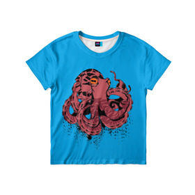 Детская футболка 3D с принтом Осьминог в Новосибирске, 100% гипоаллергенный полиэфир | прямой крой, круглый вырез горловины, длина до линии бедер, чуть спущенное плечо, ткань немного тянется | Тематика изображения на принте: la piovra | octopus | кальмар | лапиовра | морепродукт | морской гад | октопус | осьминог | спрут