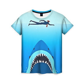 Женская футболка 3D с принтом Акула в Новосибирске, 100% полиэфир ( синтетическое хлопкоподобное полотно) | прямой крой, круглый вырез горловины, длина до линии бедер | 3d | акула | арт | животные | море | плавание | природа | рыбы | спорт | хищники