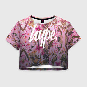 Женская футболка 3D укороченная с принтом Hype Flowers в Новосибирске, 100% полиэстер | круглая горловина, длина футболки до линии талии, рукава с отворотами | fashion | glamour | hawaii | hype | style | tropic | вечеринка | гаваи | гламур | джунгли | клуб | мода | немножечко | пальмы | пафос | стиль | тренд | тропики | хайп | хайпанем | цветок | цветы