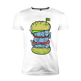 Мужская футболка премиум с принтом drop dead в Новосибирске, 92% хлопок, 8% лайкра | приталенный силуэт, круглый вырез ворота, длина до линии бедра, короткий рукав | Тематика изображения на принте: burger | cat | citty | hamburger | бургер | гамбургер | кот | кошка