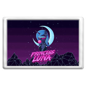 Магнит 45*70 с принтом Retrowave Luna в Новосибирске, Пластик | Размер: 78*52 мм; Размер печати: 70*45 | 8 bit | 8 бит | alicorn | luna | moon | mountain | my little pony | pixel | pony | princess luna | retrowave | synthwave | unicorn | горы | луна | пиксель арт | пони | ретровейв