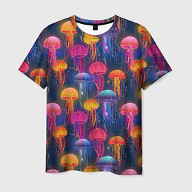 Мужская футболка 3D с принтом Медузы в Новосибирске, 100% полиэфир | прямой крой, круглый вырез горловины, длина до линии бедер | лето | медузы | море | океан. рыбы | подводный мир
