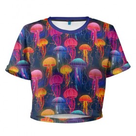 Женская футболка 3D укороченная с принтом Медузы в Новосибирске, 100% полиэстер | круглая горловина, длина футболки до линии талии, рукава с отворотами | лето | медузы | море | океан. рыбы | подводный мир