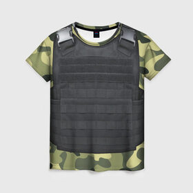 Женская футболка 3D с принтом Бронежилет + камуфляж в Новосибирске, 100% полиэфир ( синтетическое хлопкоподобное полотно) | прямой крой, круглый вырез горловины, длина до линии бедер | 23февраля | 9 мая | csgo | бронежилет | варфейс | военные | игры | ксго | лучшее