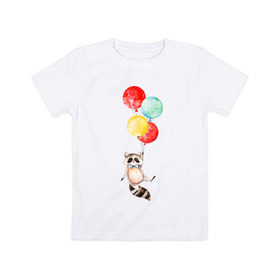 Детская футболка хлопок с принтом Енот в Новосибирске, 100% хлопок | круглый вырез горловины, полуприлегающий силуэт, длина до линии бедер | акварель | бабочка | воздушный | иллюстрация | илюстрация | полет | рисунок | шарик