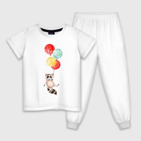 Детская пижама хлопок с принтом Енот в Новосибирске, 100% хлопок |  брюки и футболка прямого кроя, без карманов, на брюках мягкая резинка на поясе и по низу штанин
 | акварель | бабочка | воздушный | иллюстрация | илюстрация | полет | рисунок | шарик