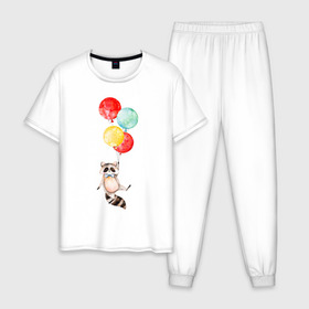 Мужская пижама хлопок с принтом Енот в Новосибирске, 100% хлопок | брюки и футболка прямого кроя, без карманов, на брюках мягкая резинка на поясе и по низу штанин
 | акварель | бабочка | воздушный | иллюстрация | илюстрация | полет | рисунок | шарик