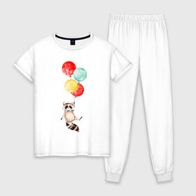 Женская пижама хлопок с принтом Енот в Новосибирске, 100% хлопок | брюки и футболка прямого кроя, без карманов, на брюках мягкая резинка на поясе и по низу штанин | акварель | бабочка | воздушный | иллюстрация | илюстрация | полет | рисунок | шарик