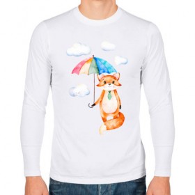 Мужской лонгслив хлопок с принтом Лис в Новосибирске, 100% хлопок |  | Тематика изображения на принте: акварель | зонт | иллюстрация | облака