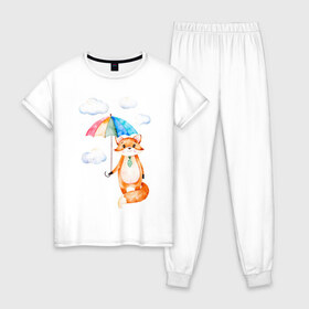 Женская пижама хлопок с принтом Лис в Новосибирске, 100% хлопок | брюки и футболка прямого кроя, без карманов, на брюках мягкая резинка на поясе и по низу штанин | акварель | зонт | иллюстрация | облака