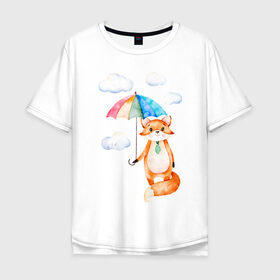 Мужская футболка хлопок Oversize с принтом Лис в Новосибирске, 100% хлопок | свободный крой, круглый ворот, “спинка” длиннее передней части | акварель | зонт | иллюстрация | облака