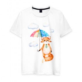 Мужская футболка хлопок с принтом Лис в Новосибирске, 100% хлопок | прямой крой, круглый вырез горловины, длина до линии бедер, слегка спущенное плечо. | Тематика изображения на принте: акварель | зонт | иллюстрация | облака