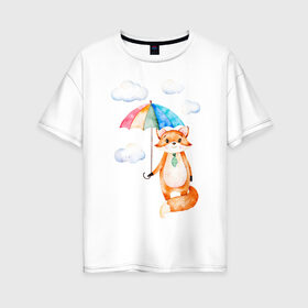 Женская футболка хлопок Oversize с принтом Лис в Новосибирске, 100% хлопок | свободный крой, круглый ворот, спущенный рукав, длина до линии бедер
 | акварель | зонт | иллюстрация | облака