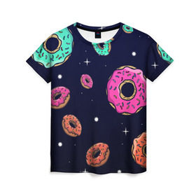 Женская футболка 3D с принтом Black Milk Космические Пончики в Новосибирске, 100% полиэфир ( синтетическое хлопкоподобное полотно) | прямой крой, круглый вырез горловины, длина до линии бедер | black milk | donut | donuts | space | the simpsons | trend | глазурь | дизайн | еда | звезда | звёзды | космос | мода | пончик | симпсоны | симсоны | сладкий | стиль | тренд | узор