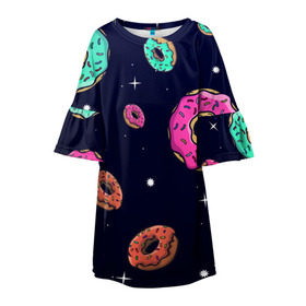Детское платье 3D с принтом Black Milk Космические Пончики в Новосибирске, 100% полиэстер | прямой силуэт, чуть расширенный к низу. Круглая горловина, на рукавах — воланы | Тематика изображения на принте: black milk | donut | donuts | space | the simpsons | trend | глазурь | дизайн | еда | звезда | звёзды | космос | мода | пончик | симпсоны | симсоны | сладкий | стиль | тренд | узор