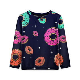 Детский лонгслив 3D с принтом Black Milk Космические Пончики в Новосибирске, 100% полиэстер | длинные рукава, круглый вырез горловины, полуприлегающий силуэт
 | black milk | donut | donuts | space | the simpsons | trend | глазурь | дизайн | еда | звезда | звёзды | космос | мода | пончик | симпсоны | симсоны | сладкий | стиль | тренд | узор