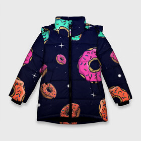 Зимняя куртка для девочек 3D с принтом Black Milk Космические Пончики в Новосибирске, ткань верха — 100% полиэстер; подклад — 100% полиэстер, утеплитель — 100% полиэстер. | длина ниже бедра, удлиненная спинка, воротник стойка и отстегивающийся капюшон. Есть боковые карманы с листочкой на кнопках, утяжки по низу изделия и внутренний карман на молнии. 

Предусмотрены светоотражающий принт на спинке, радужный светоотражающий элемент на пуллере молнии и на резинке для утяжки. | Тематика изображения на принте: black milk | donut | donuts | space | the simpsons | trend | глазурь | дизайн | еда | звезда | звёзды | космос | мода | пончик | симпсоны | симсоны | сладкий | стиль | тренд | узор