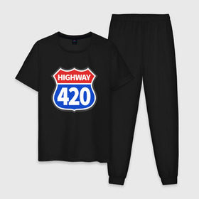 Мужская пижама хлопок с принтом HIGHWAY 420 в Новосибирске, 100% хлопок | брюки и футболка прямого кроя, без карманов, на брюках мягкая резинка на поясе и по низу штанин
 | Тематика изображения на принте: 420 | bob marley | bong | buds | high way | highway | joint | smoke | weed | боб марли | бонг | бошки | джоинт | косяк