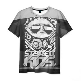 Мужская футболка 3D с принтом Black Milk Stereo Kids в Новосибирске, 100% полиэфир | прямой крой, круглый вырез горловины, длина до линии бедер | Тематика изображения на принте: black milk | dj | kids | stereo | дети | дизайн | камуфляж | малыш | мода | наушники | ноты | очки | ребёнок | стерео | стиль