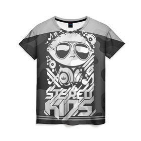 Женская футболка 3D с принтом Black Milk Stereo Kids в Новосибирске, 100% полиэфир ( синтетическое хлопкоподобное полотно) | прямой крой, круглый вырез горловины, длина до линии бедер | black milk | dj | kids | stereo | дети | дизайн | камуфляж | малыш | мода | наушники | ноты | очки | ребёнок | стерео | стиль