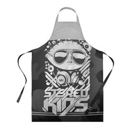 Фартук 3D с принтом Black Milk Stereo Kids в Новосибирске, 100% полиэстер | общий размер — 65 х 85 см, ширина нагрудника — 26 см, горловина — 53 см, длина завязок — 54 см, общий обхват в поясе — 173 см. Принт на завязках и на горловине наносится с двух сторон, на основной части фартука — только с внешней стороны | Тематика изображения на принте: black milk | dj | kids | stereo | дети | дизайн | камуфляж | малыш | мода | наушники | ноты | очки | ребёнок | стерео | стиль