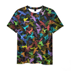 Мужская футболка 3D с принтом Разноцветные птички в Новосибирске, 100% полиэфир | прямой крой, круглый вырез горловины, длина до линии бедер | ворбьи | куча | паттерн | птица | птицы | радуга | радужный | синцы | стая | текстура