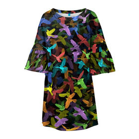 Детское платье 3D с принтом Разноцветные птички в Новосибирске, 100% полиэстер | прямой силуэт, чуть расширенный к низу. Круглая горловина, на рукавах — воланы | ворбьи | куча | паттерн | птица | птицы | радуга | радужный | синцы | стая | текстура