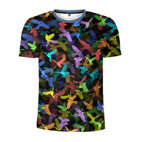 Мужская футболка 3D спортивная с принтом Разноцветные птички в Новосибирске, 100% полиэстер с улучшенными характеристиками | приталенный силуэт, круглая горловина, широкие плечи, сужается к линии бедра | ворбьи | куча | паттерн | птица | птицы | радуга | радужный | синцы | стая | текстура