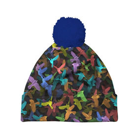 Шапка 3D c помпоном с принтом Разноцветные птички в Новосибирске, 100% полиэстер | универсальный размер, печать по всей поверхности изделия | ворбьи | куча | паттерн | птица | птицы | радуга | радужный | синцы | стая | текстура