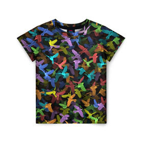 Детская футболка 3D с принтом Разноцветные птички в Новосибирске, 100% гипоаллергенный полиэфир | прямой крой, круглый вырез горловины, длина до линии бедер, чуть спущенное плечо, ткань немного тянется | ворбьи | куча | паттерн | птица | птицы | радуга | радужный | синцы | стая | текстура