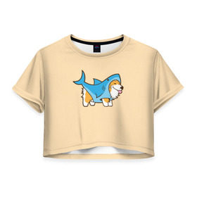 Женская футболка 3D укороченная с принтом Пес-акула в Новосибирске, 100% полиэстер | круглая горловина, длина футболки до линии талии, рукава с отворотами | акула | пёс | песик | рисунок
