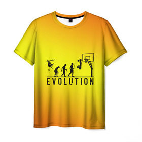 Мужская футболка 3D с принтом Эволюция баскетбола в Новосибирске, 100% полиэфир | прямой крой, круглый вырез горловины, длина до линии бедер | basketball | evolution | желтый | обезьяна человек | оранжевый | эволюция