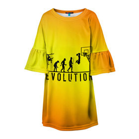 Детское платье 3D с принтом Эволюция баскетбола в Новосибирске, 100% полиэстер | прямой силуэт, чуть расширенный к низу. Круглая горловина, на рукавах — воланы | basketball | evolution | желтый | обезьяна человек | оранжевый | эволюция