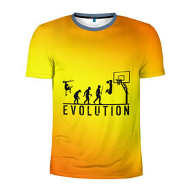 Мужская футболка 3D спортивная с принтом Эволюция баскетбола в Новосибирске, 100% полиэстер с улучшенными характеристиками | приталенный силуэт, круглая горловина, широкие плечи, сужается к линии бедра | Тематика изображения на принте: basketball | evolution | желтый | обезьяна человек | оранжевый | эволюция