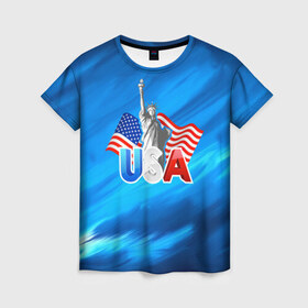 Женская футболка 3D с принтом USA в Новосибирске, 100% полиэфир ( синтетическое хлопкоподобное полотно) | прямой крой, круглый вырез горловины, длина до линии бедер | 3d | blue | usa | америка | города | краски | любовь | страны | сша | турист | флаг