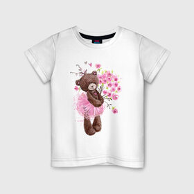 Детская футболка хлопок с принтом Цветы в Новосибирске, 100% хлопок | круглый вырез горловины, полуприлегающий силуэт, длина до линии бедер | акварель | балерина | девочка | игрушка | медведь | мило | мимими | пачка | плюшевый | рисунок | розы | сердце | теди
