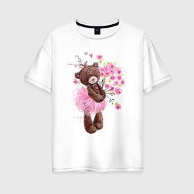 Женская футболка хлопок Oversize с принтом Цветы в Новосибирске, 100% хлопок | свободный крой, круглый ворот, спущенный рукав, длина до линии бедер
 | акварель | балерина | девочка | игрушка | медведь | мило | мимими | пачка | плюшевый | рисунок | розы | сердце | теди