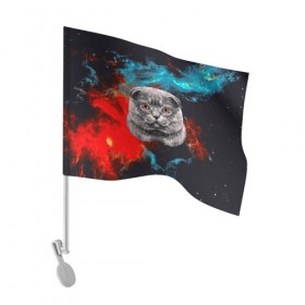 Флаг для автомобиля с принтом Космический кот в Новосибирске, 100% полиэстер | Размер: 30*21 см | 3d | cat | арт | взгляд | кот | кот хипстер | котёнок | котятки | котятушки | кошечки | кошка | мордочка